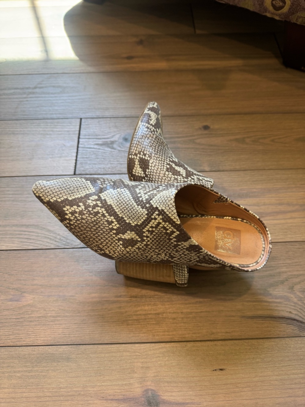Dolce Vita Snake-Print Pointed-Toe Mule in Brown and Cream